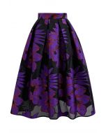 Enticing Floral Jacquard Pleated Organza Midi Skirt in Purple