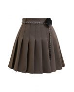 Rose Brooch Chain Belt Pleats Mini Skirt in Brown