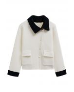 Contrasting Trim Flap Pocket Buttoned Knit Coat in White