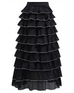 Contrasting Edges Tiered Ruffle Maxi Skirt in Black