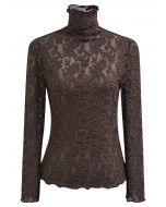 Floral Fantasy High Neck Mesh Long-Sleeve Top in Brown