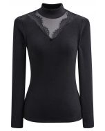 Illusion Lace Trim Mesh Spliced Mock Neck Top