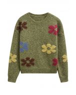 Multicolored Floral Pattern Fuzzy Knit Sweater in Moss Green