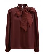 Pearl Neckline Side Bowknot Satin Top in Burgundy