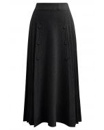 Soft Elegance Button Trim Pleats Knit Skirt in Black