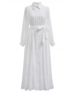 Delicate Eyelet Embroidery Tie-Waist Buttoned Midi Dress in White