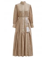 Floral Eyelet Embroidery Tassel String Buttoned Maxi Dress in Light Tan