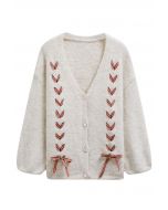 Gingham Ribbon Lace-Up Fuzzy Knit Cardigan in Oatmeal