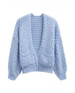 Chunky Hand Knit Patch Pocket Open Front Cardigan in Baby Blue