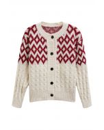 Festive Geometric Button Down Knit Cardigan in Cream