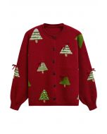 Cutie 3D Bowknot Christmas Tree Buttoned Knit Cardigan in Red