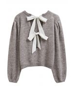 Bowknot Back Puff Sleeve Knit Sweater in Taupe