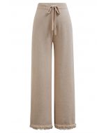 Casual Tie-String Fringed Knit Pants in Sand