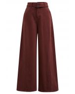 Classic Belted High-Waist Wide-Leg Jeans in Burgundy