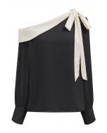 One-Shoulder Bowknot Contrast Flap Satin Top in Black