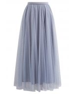 Flock Dots Double-Layered Mesh Tulle Maxi Skirt in Dusty Blue