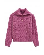 Button Neck Pom Pom Chunky Cable Knit Sweater in Violet