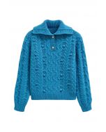 Button Neck Pom Pom Chunky Cable Knit Sweater in Blue