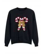 Sequin Bowknot Candy Cane Knit Sweater in Black