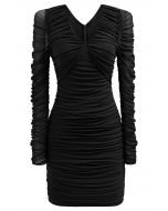 Illusion Black Ruched Sheer Sleeve Mini Dress