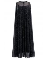 Glittery Mesh Maxi Cape Dress in Black