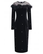 Rhinestone Decor Velvet Feather Midi Dress