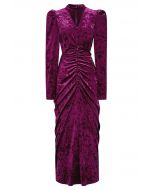 Choker Neck Button Ruched Velvet Midi Dress in Berry