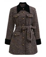 Fuzzy Velvet Spliced Tweed Buttoned Blazer Dress in Brown