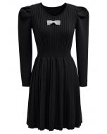 Delicate Bow Puff Sleeve Pleated Knit Mini Dress in Black