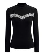 Tender Touch Crochet Trim Mock Neck Top in Black