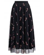 Shimmer Candy Cane Mesh Tulle Midi Skirt in Black