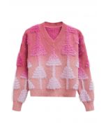 Fuzzy Christmas Tree Ombre Knit V-Neck Sweater