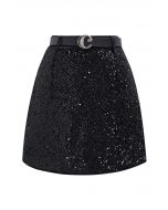 Sparkling Sequin Belted Mini Bud Skirt in Black