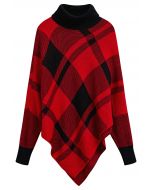 Festive Plaid Turtleneck Knit Poncho in Red