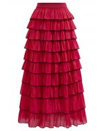 Contrasting Edges Tiered Ruffle Maxi Skirt in Red