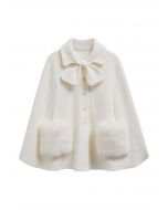 Bowknot Decor Faux Fur Pocket Buttoned Knit Cape Coat in Cream