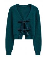 Shimmery Velvet Tie Front Crop Knit Cardigan in Teal