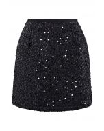 Black Sequin Embellishment Tweed Mini Skirt