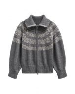 Double-Zip Fair Isle Jacquard Knit Cardigan in Grey