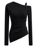 One-Shoulder Ruched Asymmetric Hem Knit Top in Black