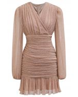 Elegant Sparkle Ruched Mesh Cocktail Dress in Peach