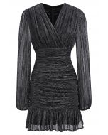 Elegant Sparkle Ruched Mesh Cocktail Dress in Black