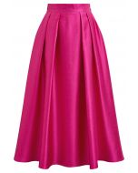 Sleek Side Pockets Pleated A-Line Midi Skirt in Hot Pink