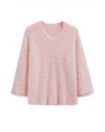 Fluffy V-Neck Knit Sweater in Light Pink