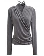 Faux-Wrap Ruched Top with Choker in Grey