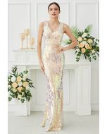 Iridescent Sequin V-Neck Mermaid Sleeveless Gown in Cream