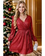 Glitter Glow Tie-Waist Wrap Mini Dress in Red