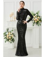 Geometric Sequin Mock Neck Mermaid Gown in Black