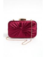 Ruched Knotted Satin Clutch in Burgundy