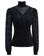 Floral Lace Panelled Velvet Fitted Top